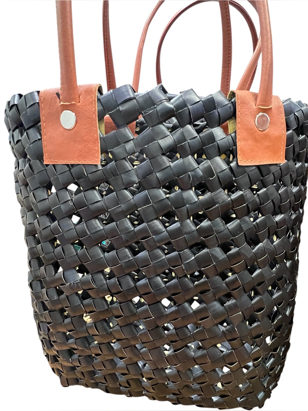 Woven Palm Leaf Tote Bag with Leather Handles - Ivory, Tan, Black - Picture 6 of 6